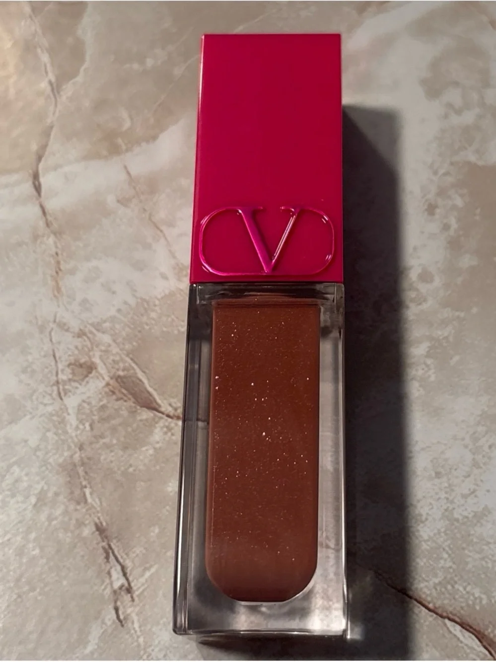 Valentino Puffer Lip Gloss in Warm Brown with Pink Cap